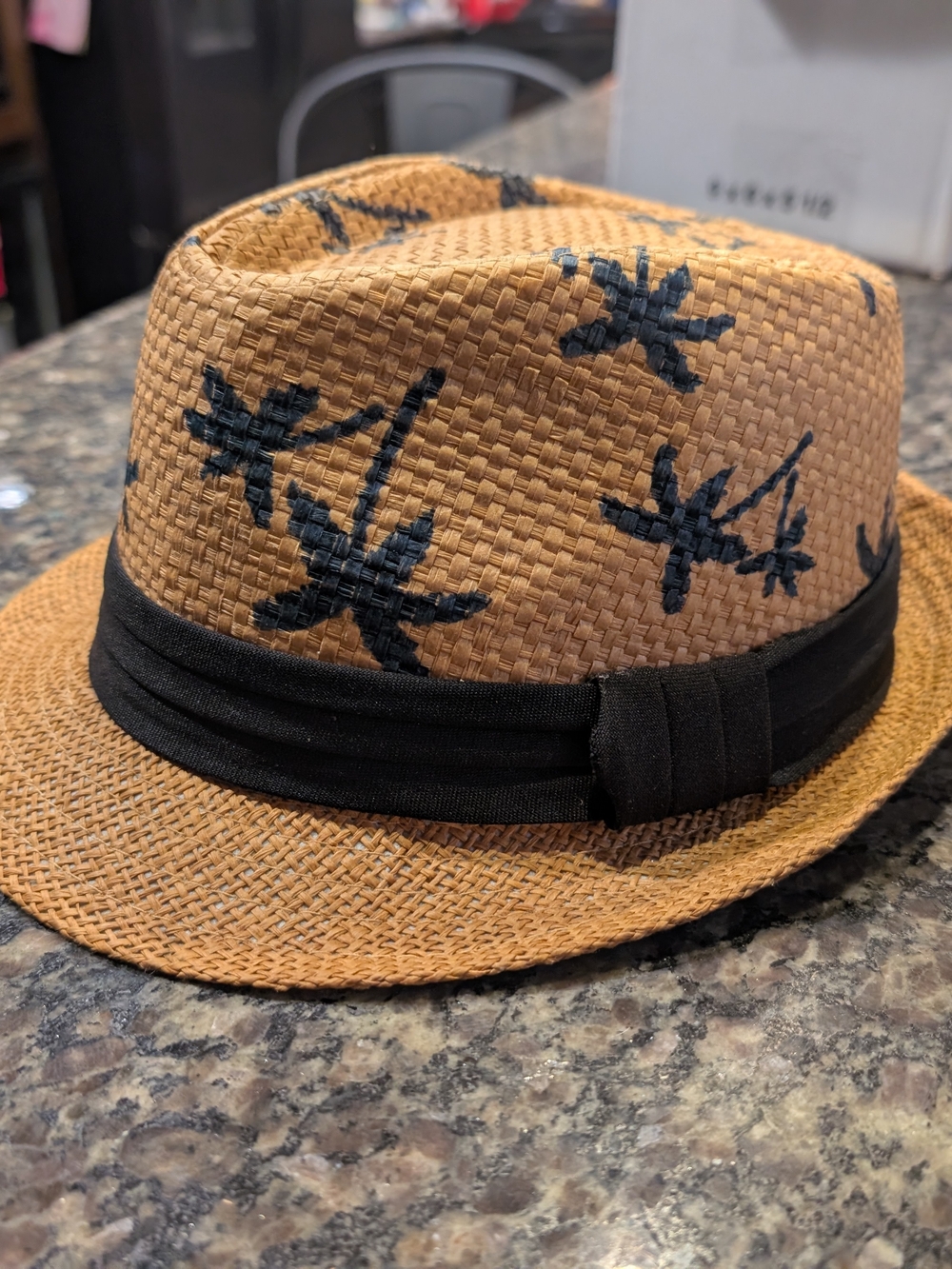 Straw Fedora Hat with Blue Palm Print and Band